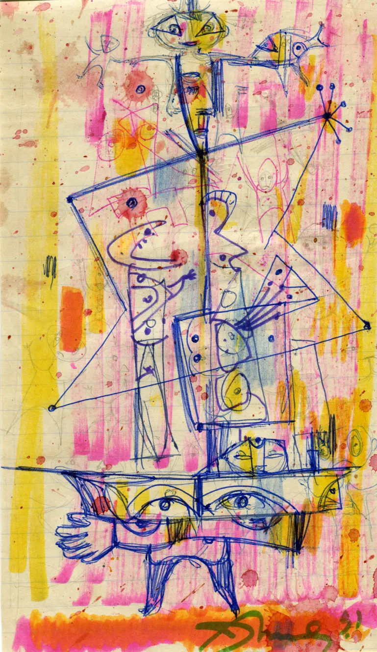 Construction - Dated - Figure - Ship - Signed